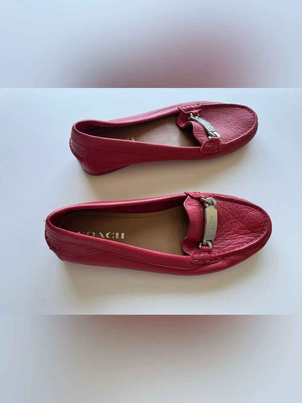 Coach Women's Pink-Red Pebbled Leather Loafers with Silver Hardware
